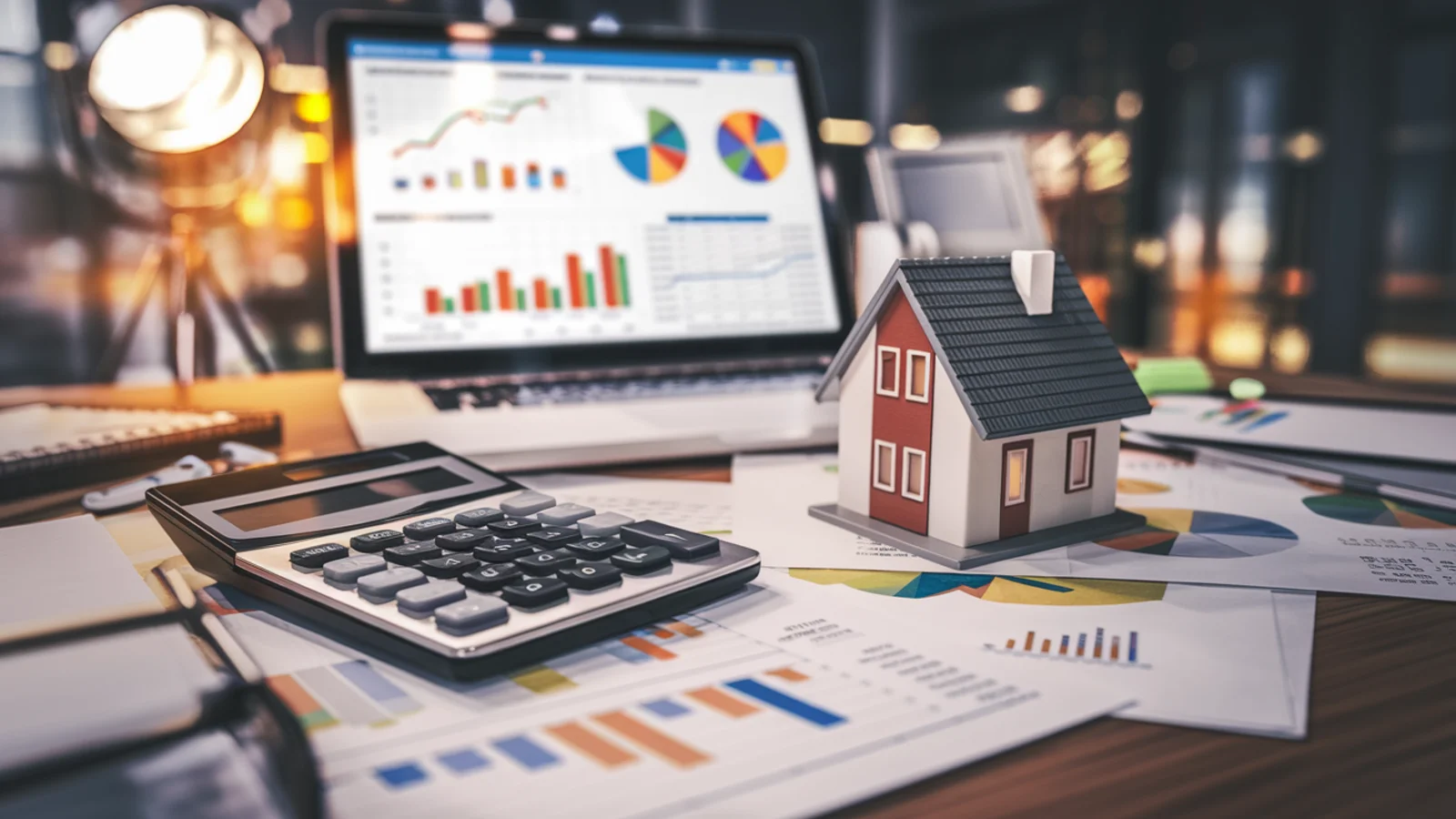 Professional desk with calculator and financial analysis tools
